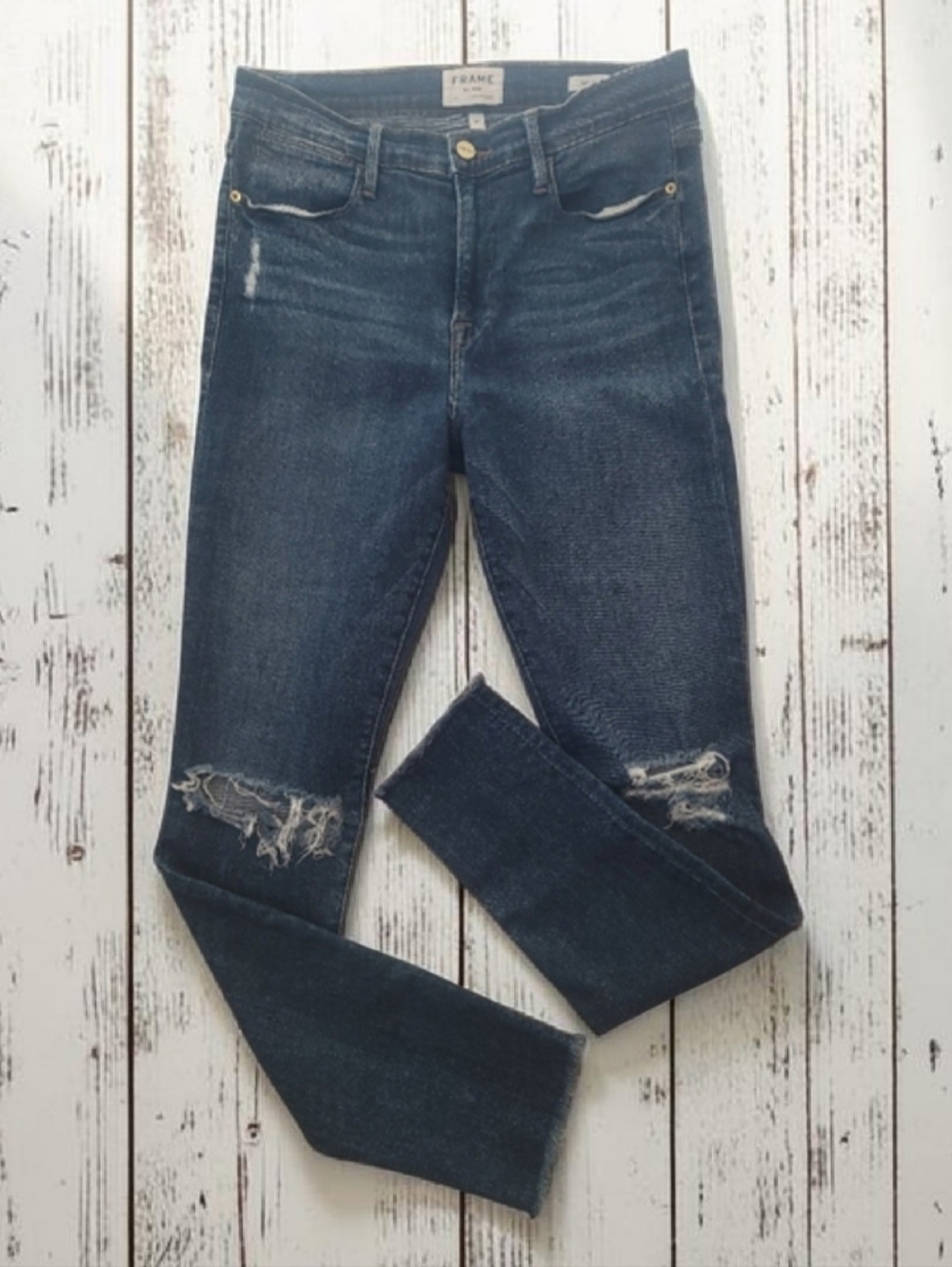 Frame Denim Size 30 (LE HIGH SKINNY)Dark Blue Distressed Skinny Jeans
